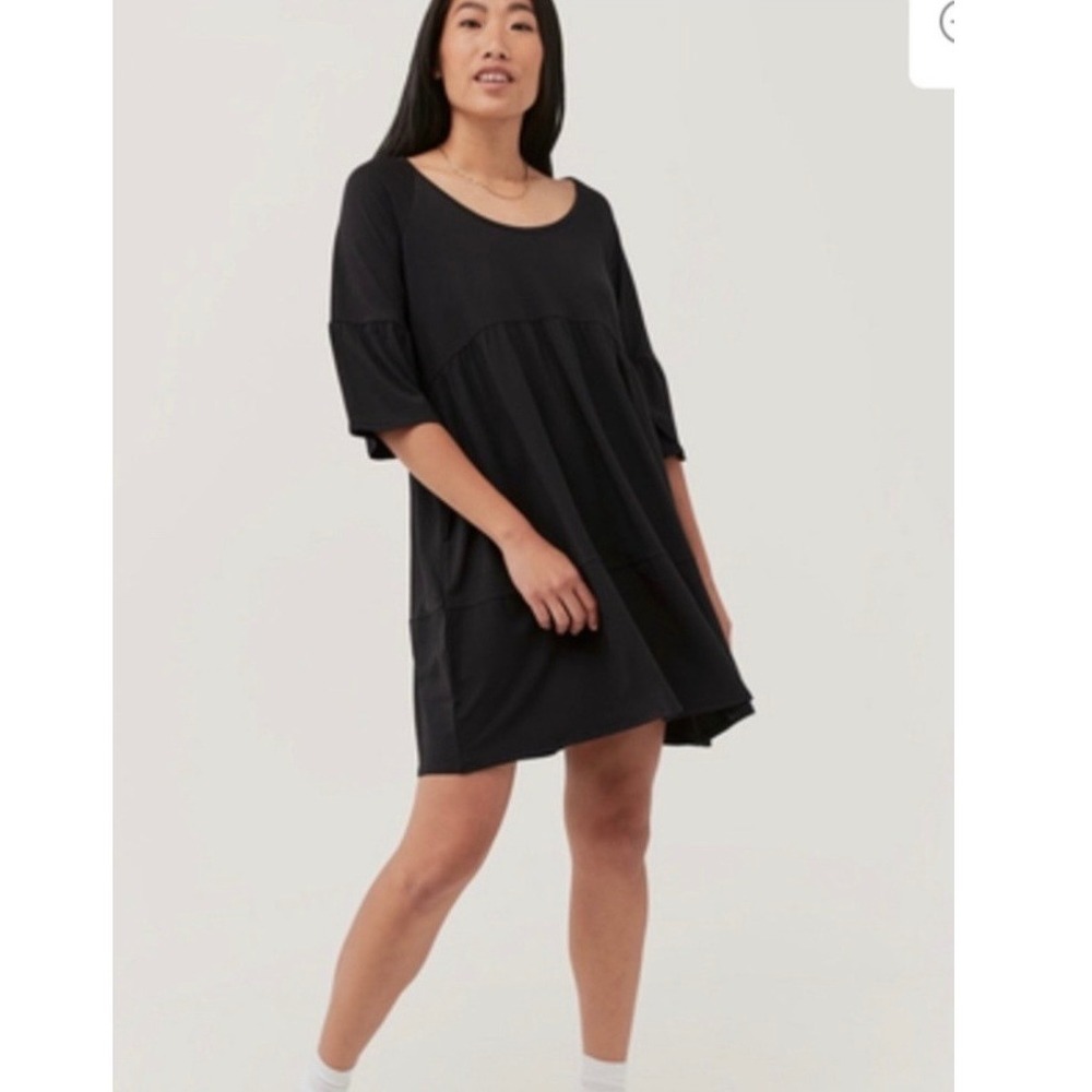 Pact Revive Flutter Sleeve Tiered Dress Organic Cotton Black Medium